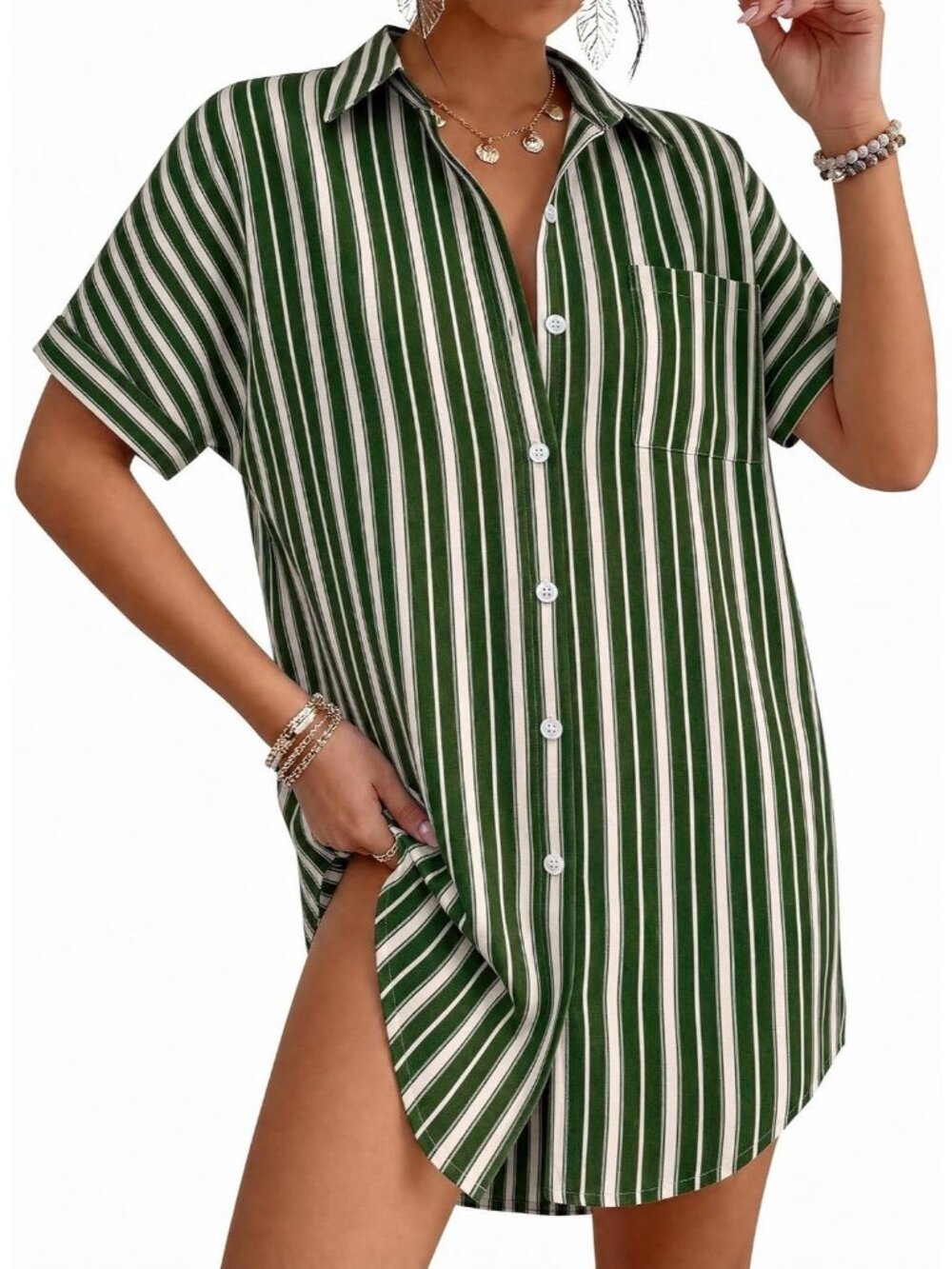 Women Wood Green Rayon Button Down Shirt Striped Coverup Beach Swimsuit Coverup